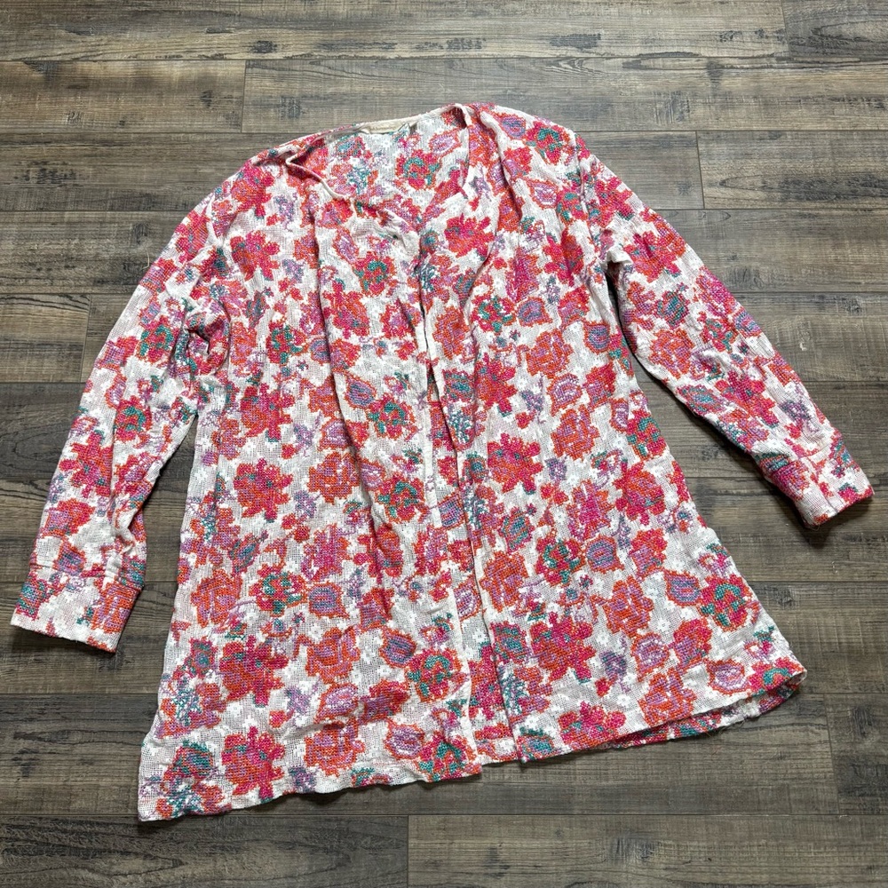 Soft Surroundings Pink Floral Open Knit Cardigan - Picture 1 of 6